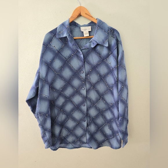 SUSAN GRAVER Style Woman's Size 2X Long Sleeve Button Up Shirt Blue Floral - Picture 1 of 8